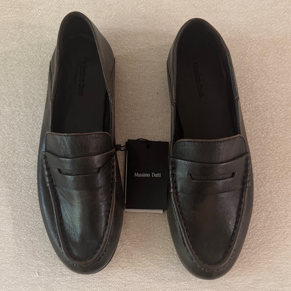 Massimo Dutti Dark Leather Slip-On Loafers